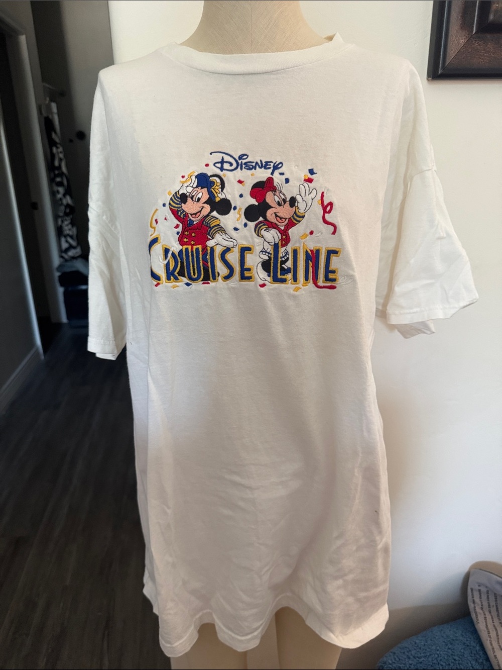 Vintage Disney Embroidered White Tee with Mickey & Minnie Cruise Line Graphic